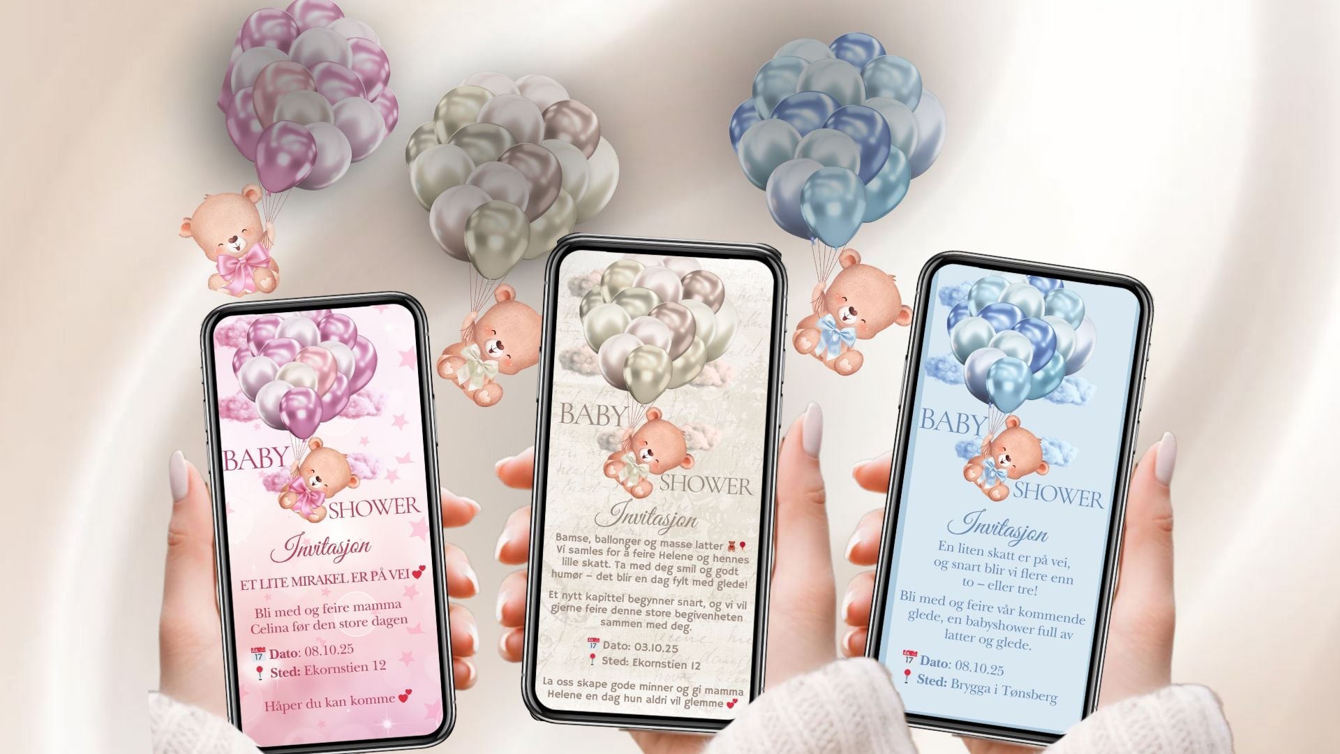 Tre mobiltelefoner viser digitale babyshower-invitasjoner med bamse og ballonger i lilla, grå og blå farger fra KISS DEKOR 