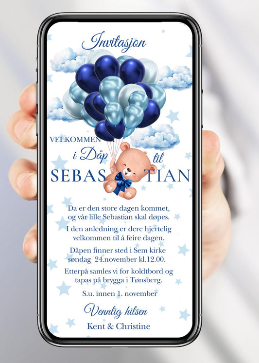 Digital dåpsinvitasjon med bamse, blå og sølv ballonger, skyer og stjerner på hvit bakgrunn