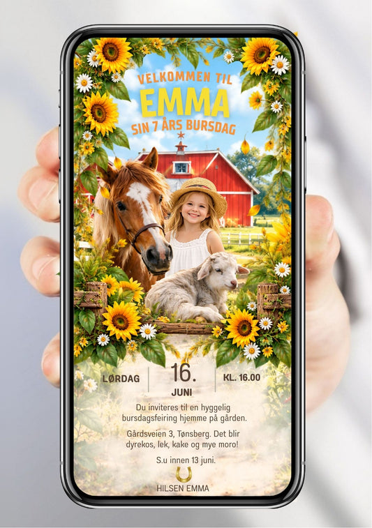 Digital bursdagsinvitasjon med barnefoto av en jente sammen med hest og lam på en vakker gård, omgitt av solsikker, blomster og grønne blader