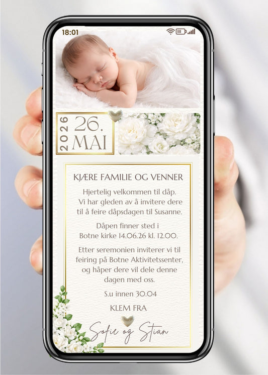 Eksklusiv digital dåpsinvitasjon med hvite blomster, dato og personlig bilde – elegant design klar til mobil