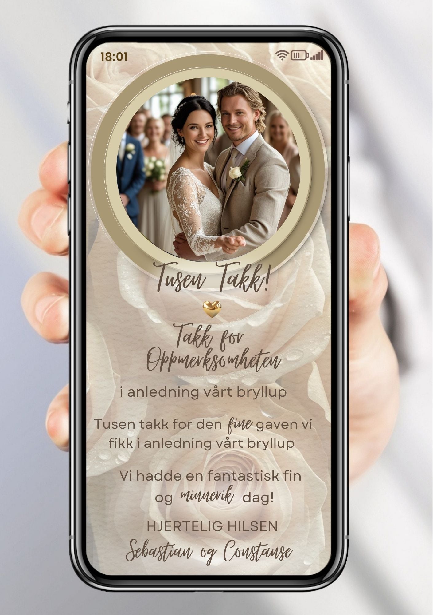 Digital SMS-takkekort bryllup med rosebakgrunn, rundt brudeparbilde og håndskrevet skrift