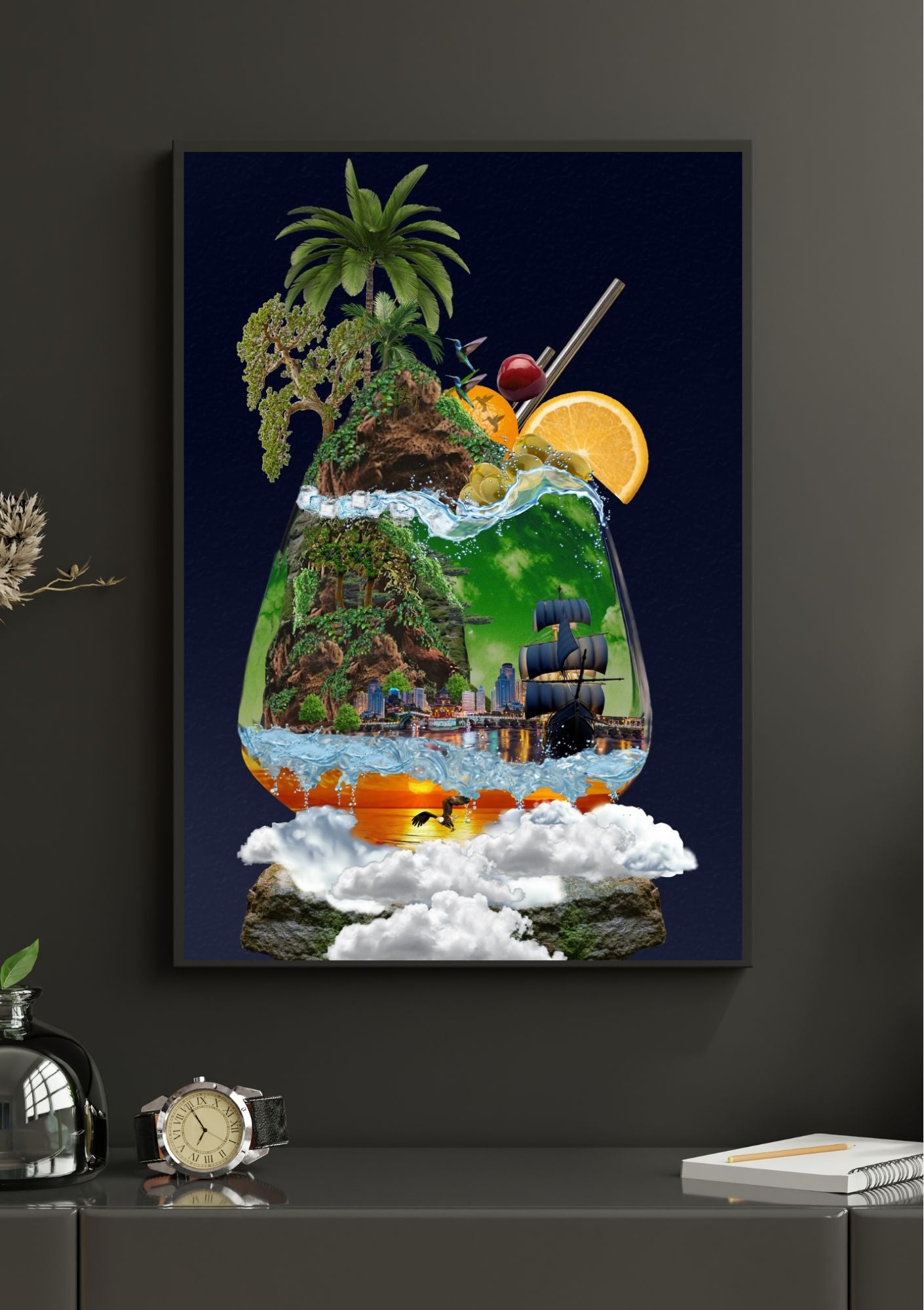 Tropisk drøm i glass mørk bakgrunn - surrealistisk plakat på vegg fra KISS DEKOR