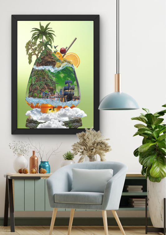 Tropisk drøm i glass - surrealistisk plakat med palme og strand fra KISS DEKOR