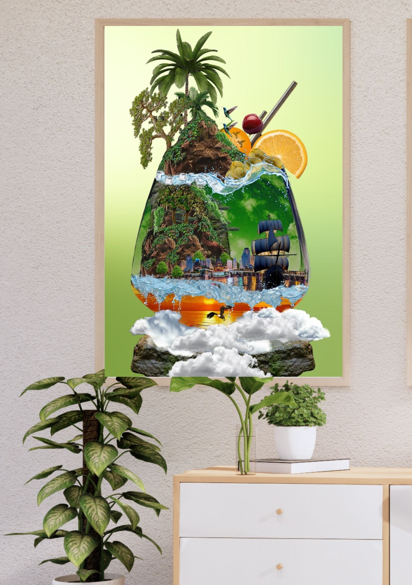 Tropisk drøm i glass - surrealistisk plakat med palme og strand fra KISS DEKOR