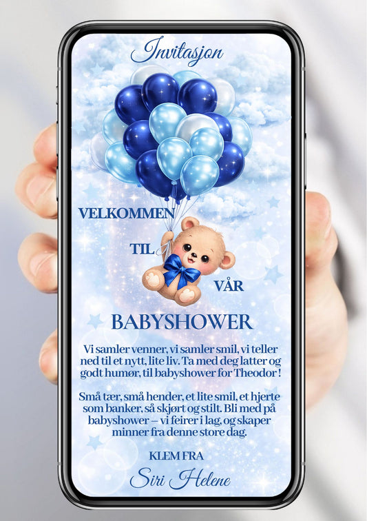Mobil babyshower-invitasjon med teddybjørn, mørkeblå og lyseblå ballonger, skyer og «Velkommen til vår babyshower»-tekst – vist på mobilskjerm