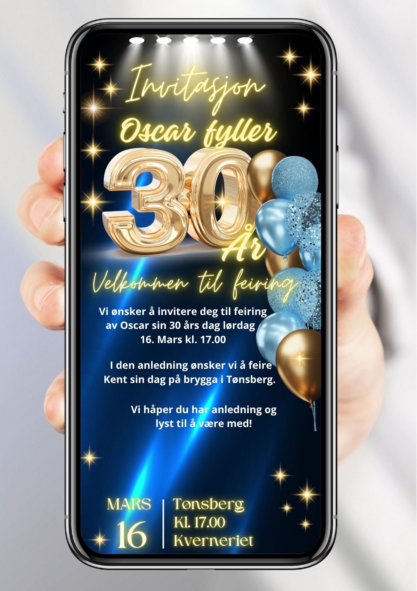 Digital bursdagsinvitasjon med gull tall, blå og gull ballonger og stjerner på mørk bakgrunn, vist på mobilskjerm