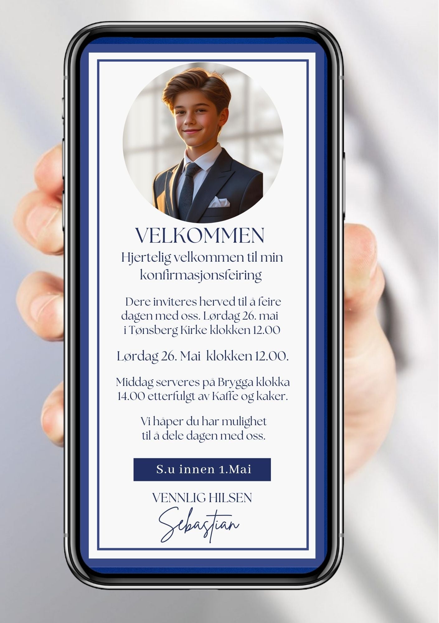 Konfirmasjonsinvitasjon blå moderne med bilde personlig design med ferdig tekstforslag - KISS DEKOR