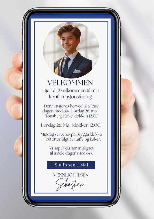 Konfirmasjonsinvitasjon blå moderne med bilde personlig design med ferdig tekstforslag - KISS DEKOR