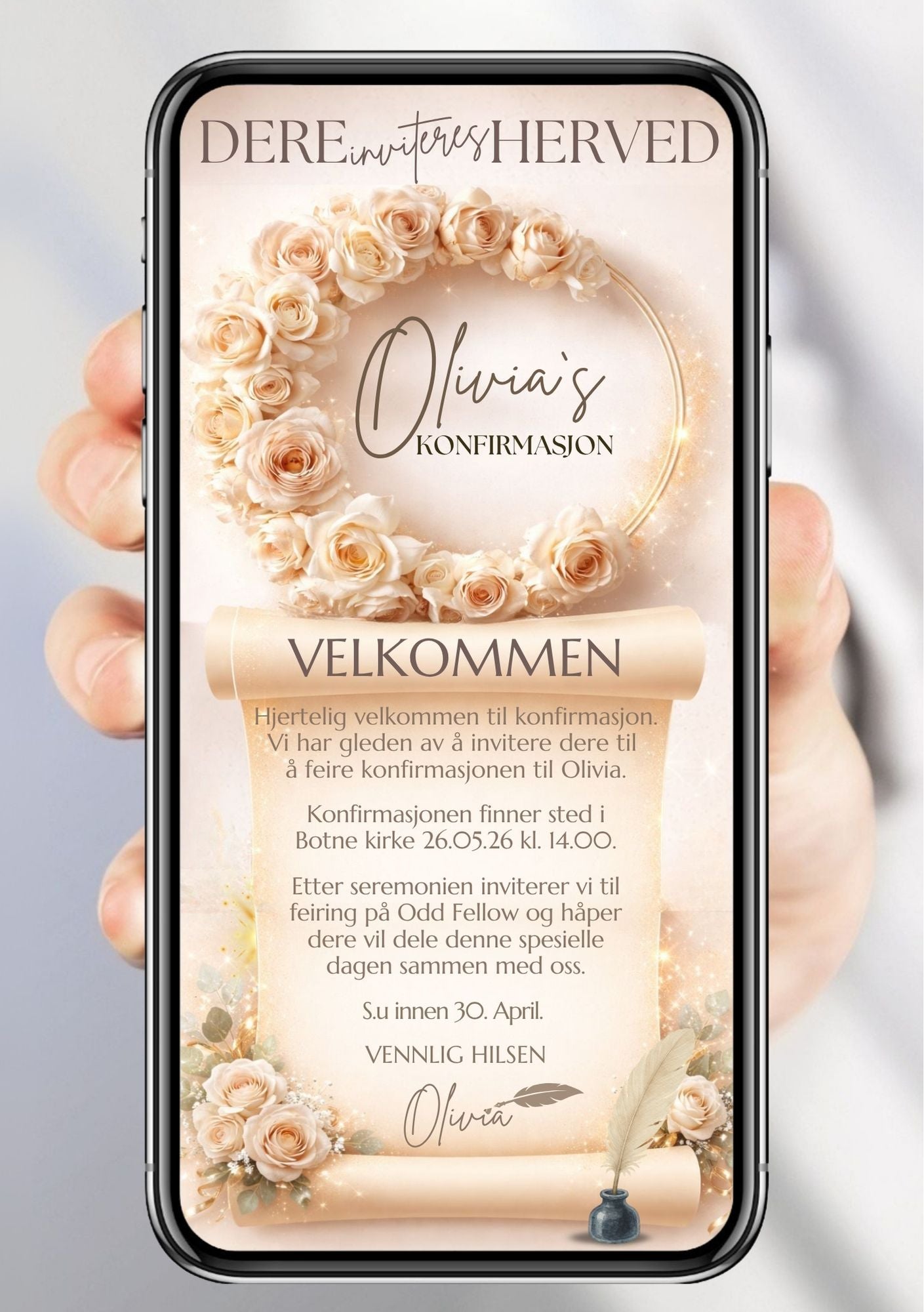 Mobil konfirmasjonsinvitasjon med kremhvit blomsterkrans, pergamentrulle og personlig navn i kalligrafiskrift – vist på mobilskjerm