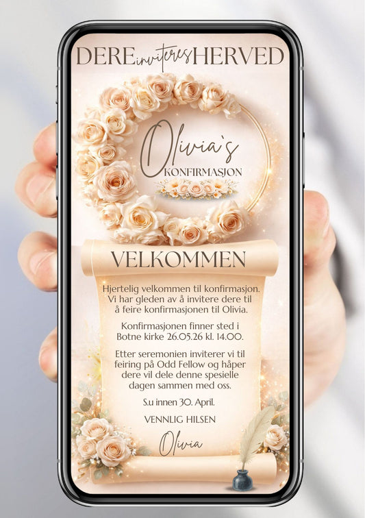 Digital konfirmasjonsinvitasjon med kremroser, gullring, blekkflaske og elegant pergamenttekst – romantisk design klar til deling på mobil 