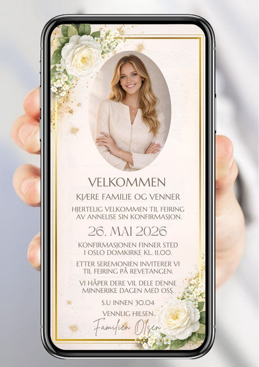 Konfirmasjonsinvitasjon med bilde fra KISS DEKOR – beige og gull-design med oval bilderamme, hvite roser og teksten "Velkommen til konfirmasjon", vist på mobilskjerm