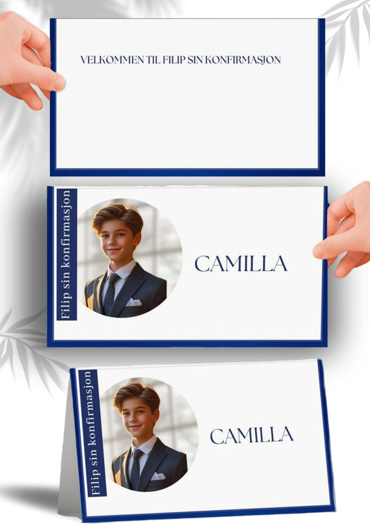 Moderne bordkort til konfirmasjon med marineblå ramme og bilde, elegant design