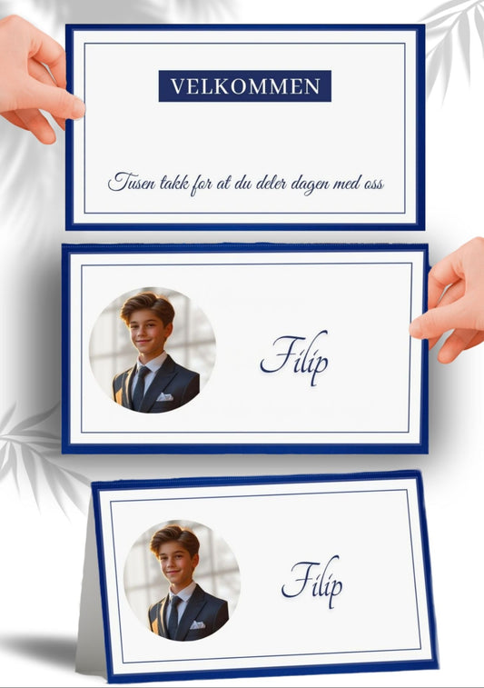 Bordkort til konfirmasjon med marineblå ramme og et personlig bilde, moderne design