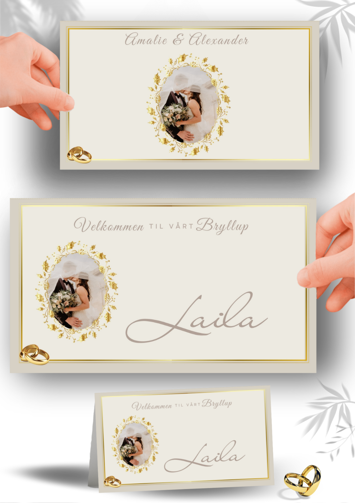 Bordkort til bryllup med gull oval ramme og bilde av brudeparet – elegant hvitt design med gulldetaljer