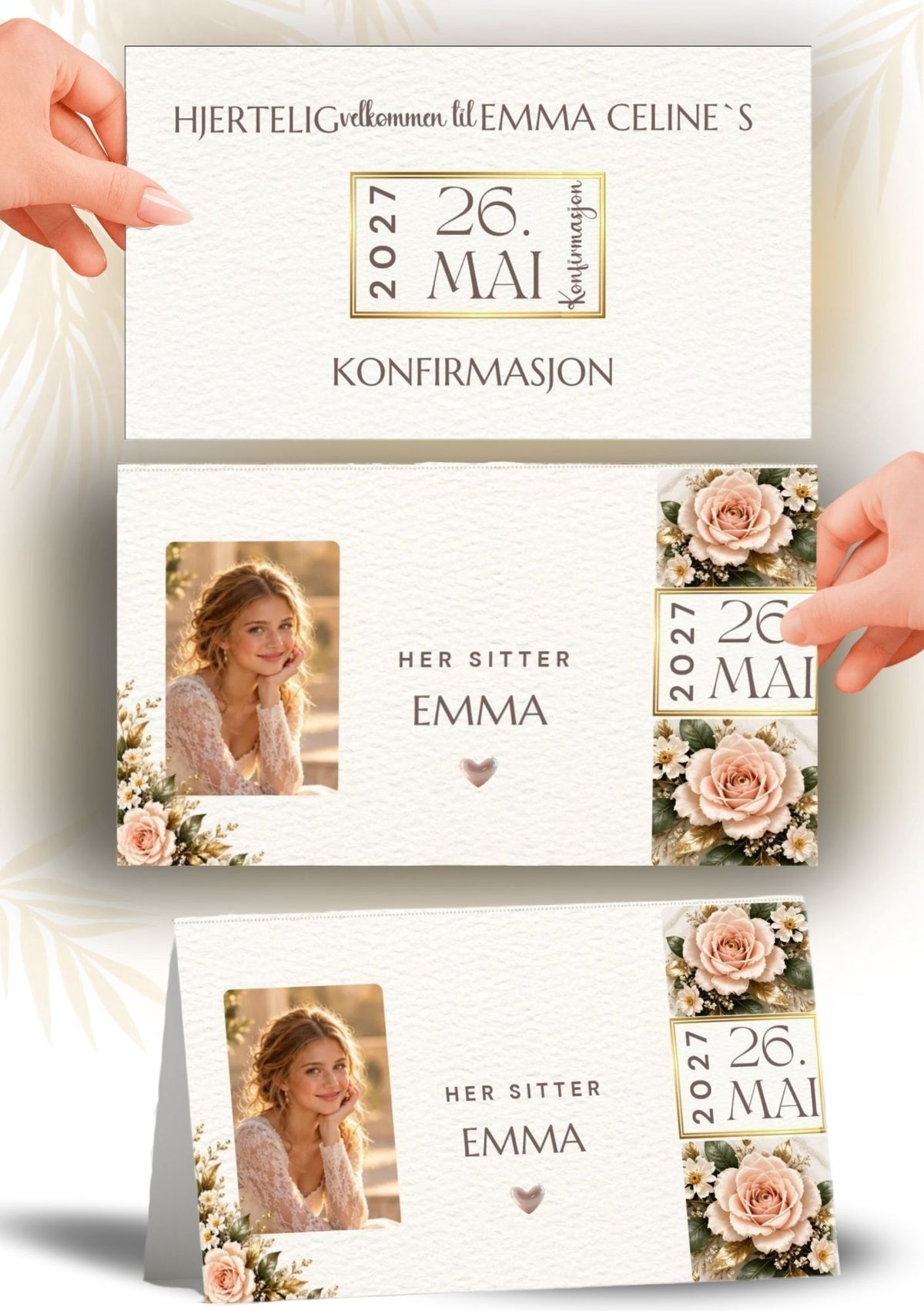 Bordkort til konfirmasjon vist flatt og brettet, med konfirmantfoto, gjestenavn, duse rosa roser, små hvite blomster og dato i gullramme.