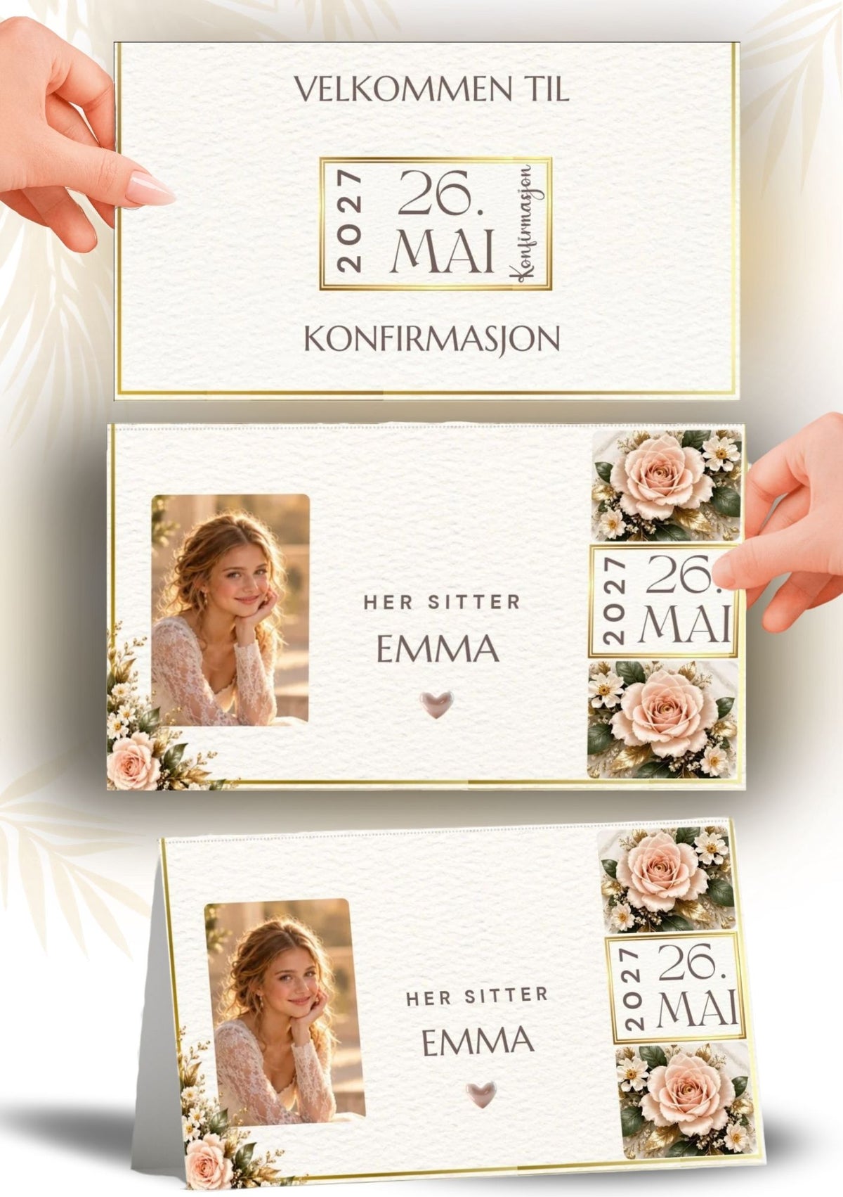 Bordkort til konfirmasjon vist flatt og brettet, med konfirmantfoto, gjestenavn, rosa roser, små hvite blomster og gyllen ramme.