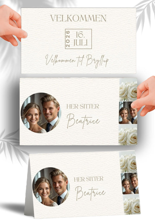 Bordkort til bryllup med bilde og hvite roser - bordplassering fra KISS DEKOR