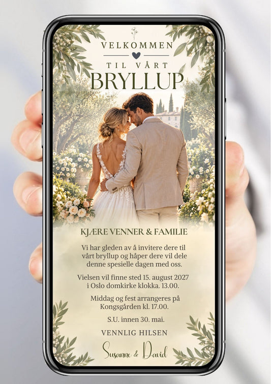 Bryllupsinvitasjon med brudepar hånd i hånd i blomstrende olivenhage foran toskansk herregård, olivengrener i hjørnene, mørkt hjerte og håndskriftnavn "Susanne & David" på beige bakgrunn