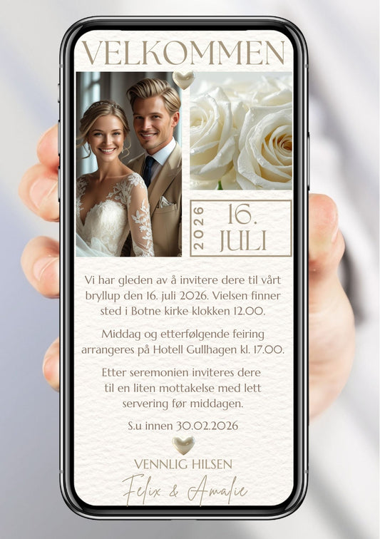 Bryllupsinvitasjon hvit elegant - akvarell med roser med ferdig tekstforslag - KISS DEKOR