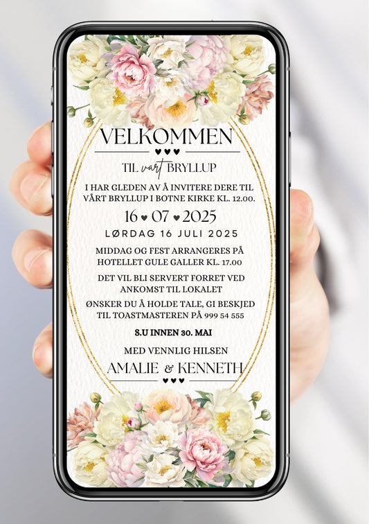 Digital bryllupsinvitasjon med hvite pioner og rosa roser, gullramme og elegant typografi
