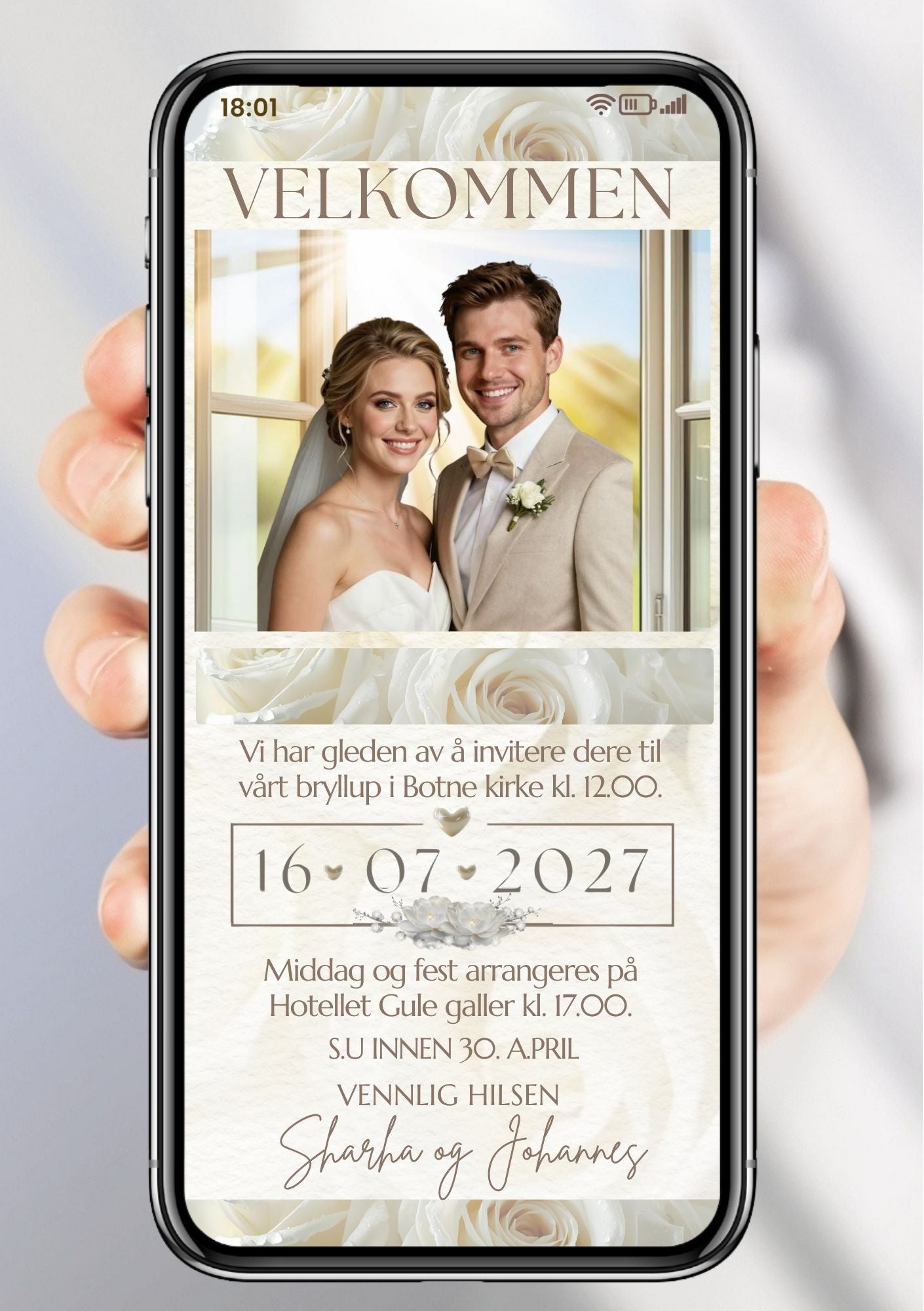 Digital bryllupsinvitasjon med brudeparbilde, hvite roser, dato i ramme og håndskrevet signatur