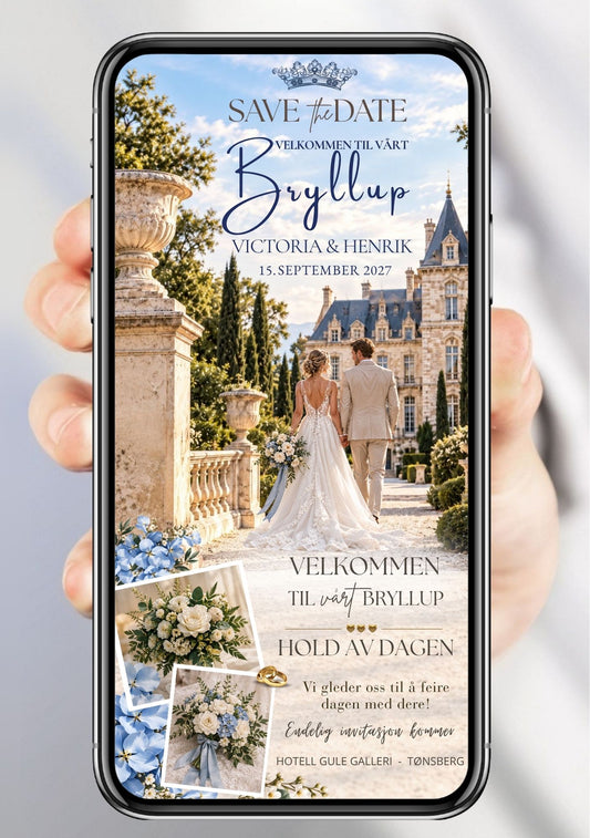 Hånd holder mobiltelefon med Save the Date med brudepar foran fransk slott, blå hortensiaer og polaroidbilder med blomsterbukett