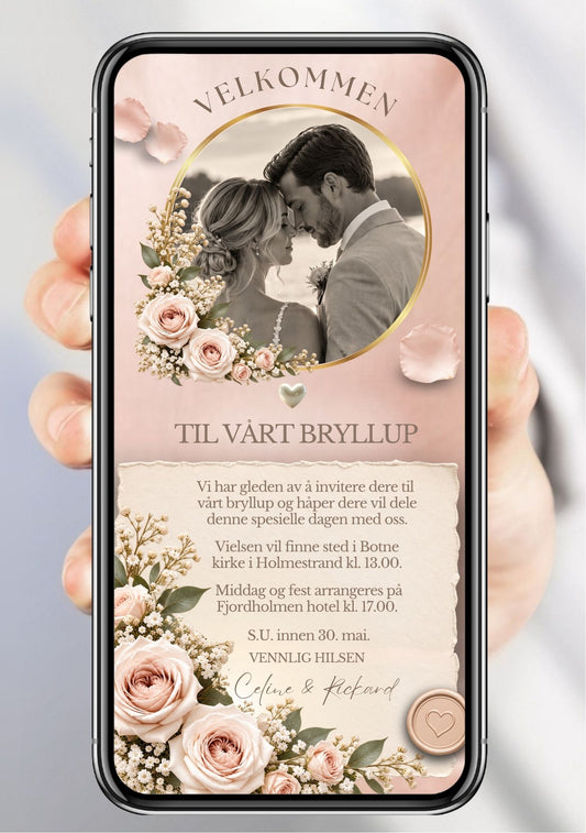 Bryllupsinvitasjon med rundt brudepar-foto i gullramme, rosa roser, gypsophila, vokssegl med hjerte og teksten "Velkommen til vårt bryllup" på blush bakgrunn