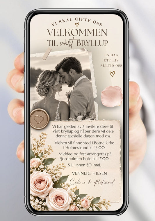 Bryllupsinvitasjon med svart-hvitt brudefoto, revet papir-effekt, vokssegl med hjerte, rosa roser og gypsophila på beige bakgrunn