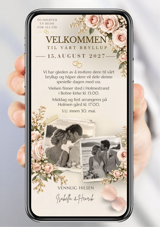 Bryllupsinvitasjon med to polaroidbilder av brudepar, rosa roser og gypsophila i hjørnene, gullringer og teksten "To hjerter, en reise, for alltid"