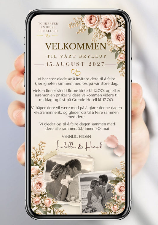 Bryllupsinvitasjon med stort polaroidbilde av brudepar, rosa roser og gypsophila i hjørnene, gullringer og teksten "To hjerter, en reise, for alltid"