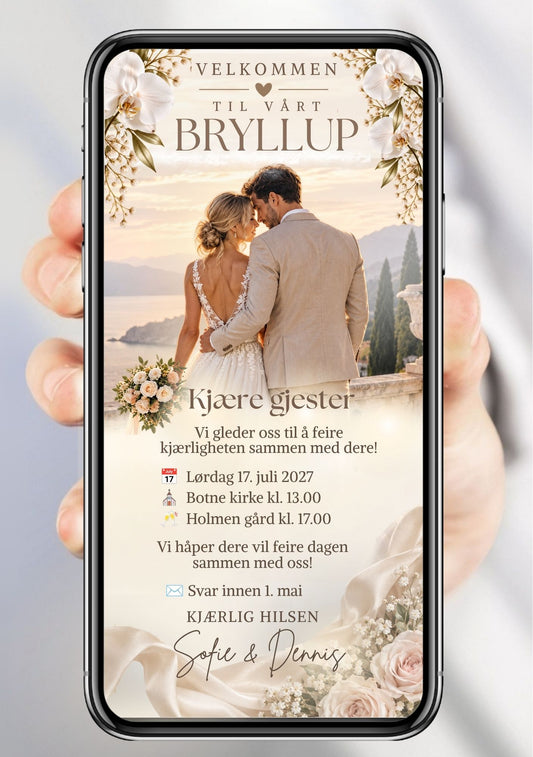 Bryllupsinvitasjon med brudepar som ser utover toskansk landskap, hvite orkideer og roser øverst, kremroser og gypsophila nederst