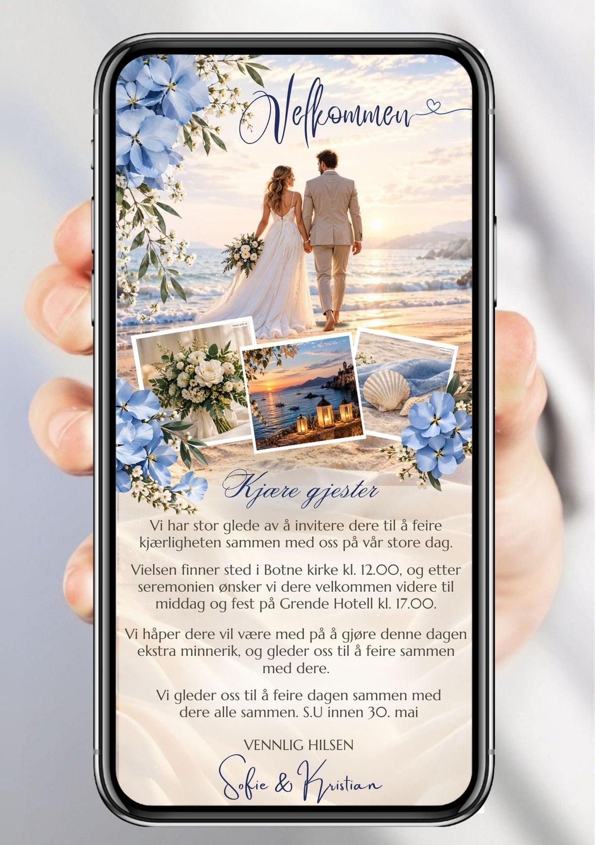 Hånd holder mobiltelefon med digital bryllupsinvitasjon med blå blomster og polaroidbilder på strandtema