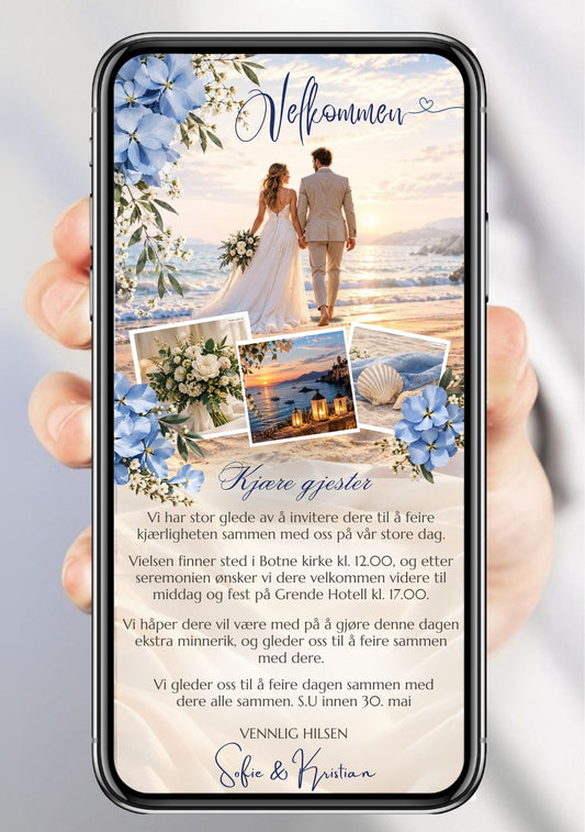 Hånd holder mobiltelefon med digital bryllupsinvitasjon med blå blomster og polaroidbilder på strandtema