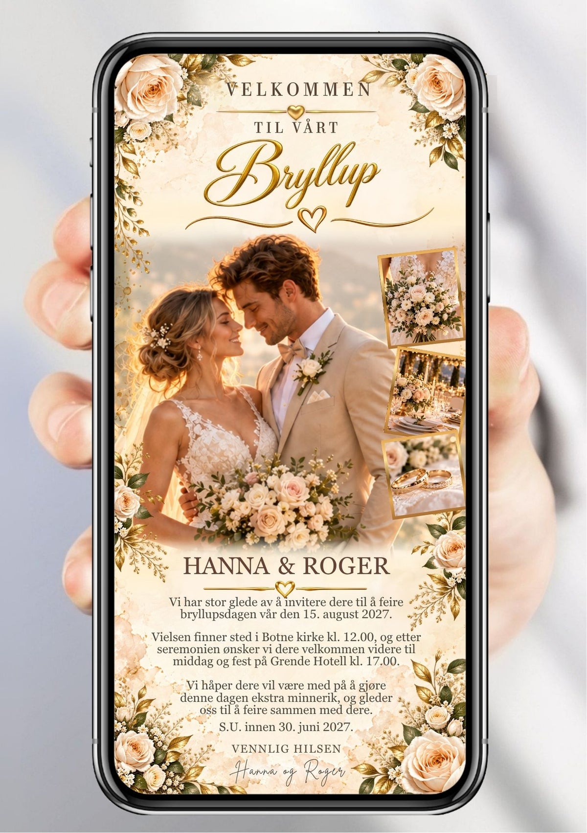 Digital bryllupsinvitasjon på mobil med parfoto og blomsterbukett, tre små bilder av bryllupsdetaljer til høyre og lyse roser rundt kanten.