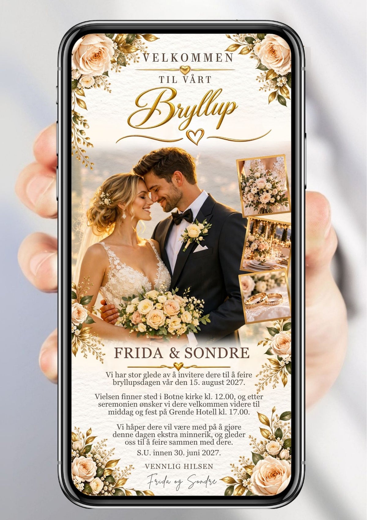 Bryllupsinvitasjon vist på mobil med et par som lener pannene mot hverandre, blomsterbukett, lyse roser og tre små bilder av bukett, borddekking og ringer.
