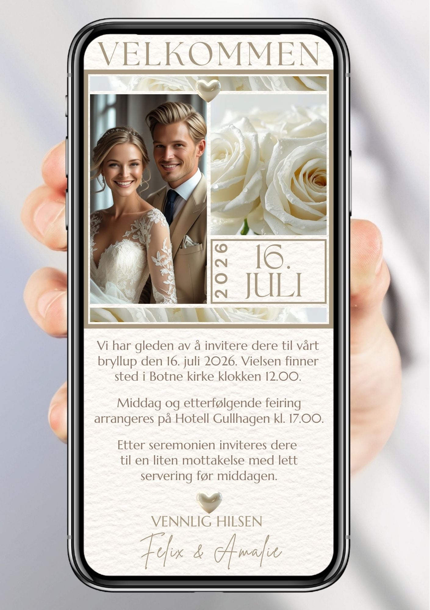 Digital bryllupsinvitasjon med bilde og hvite roser - elegant invitasjon fra KISS DEKOR