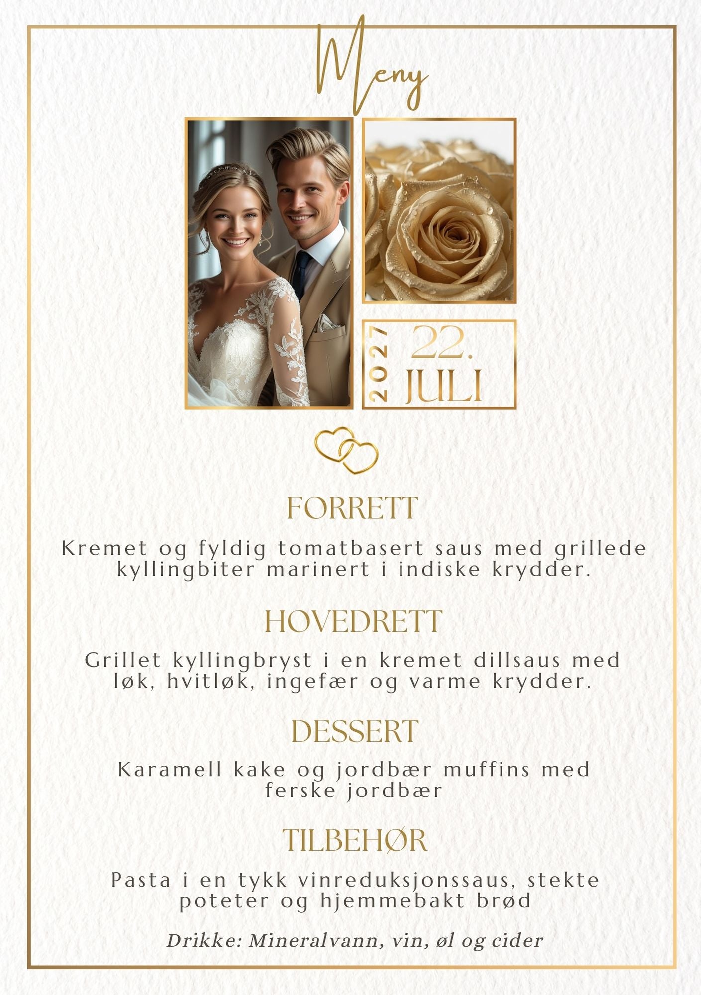  Personlig bryllupsmeny med foto av brudepar og gullrose – hvit bakgrunn med gulldetaljer og menyvalg for forrett, hovedrett, dessert og tilbehør 