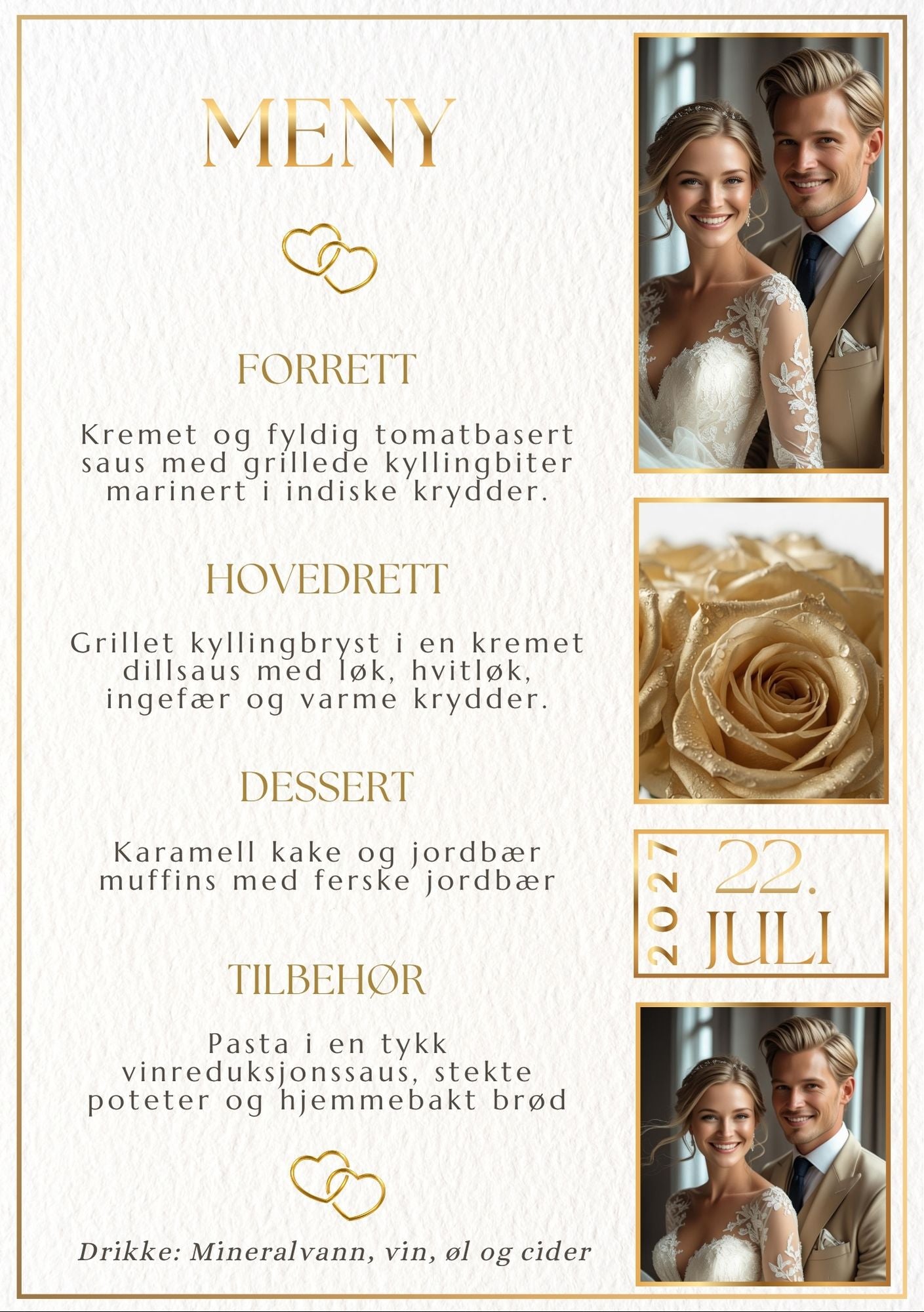 Personlig bryllupsmeny i stående format med foto av brudepar, gullrose og dato – hvit bakgrunn med elegante gulldetaljer 