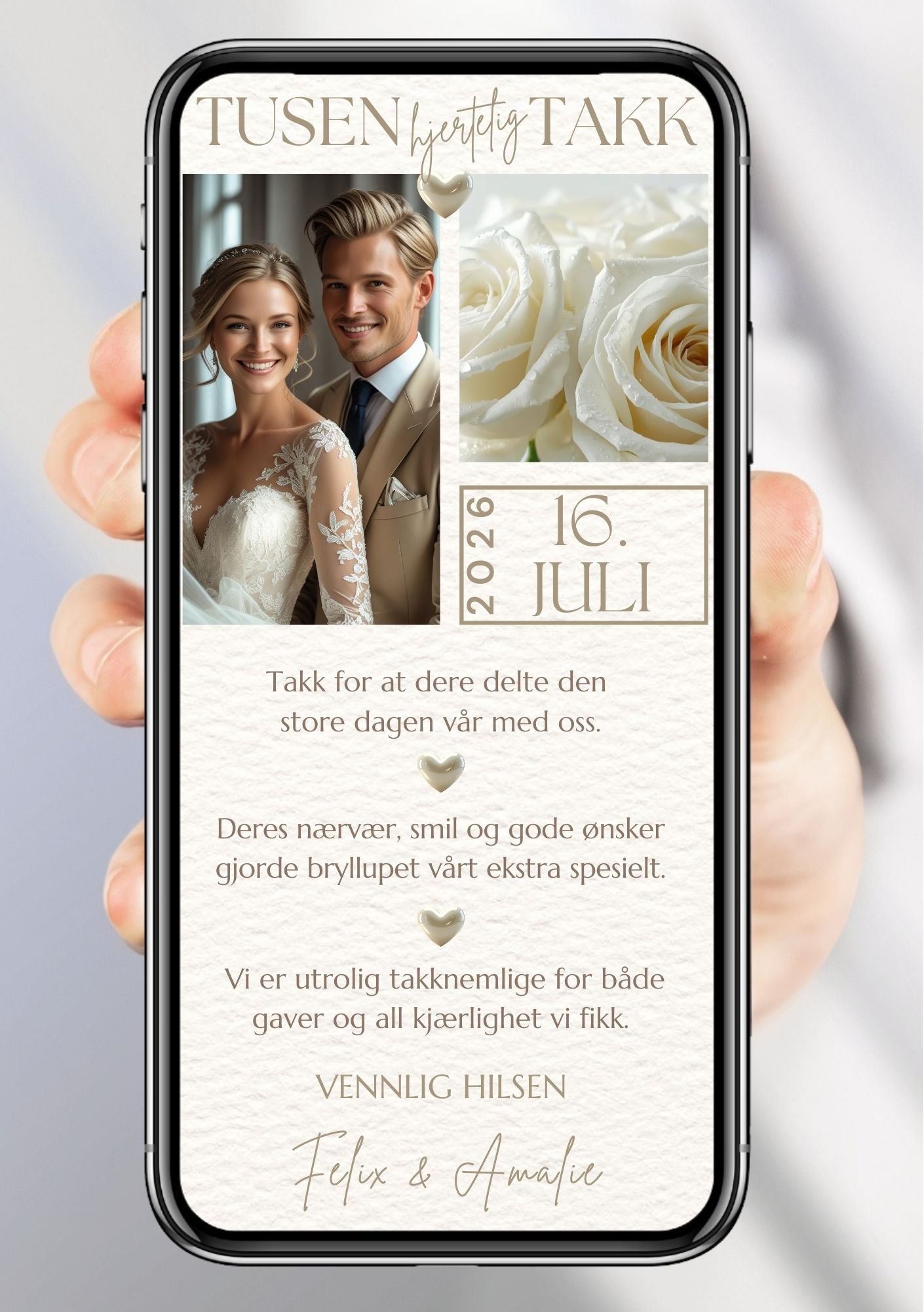 Takkekort bryllup med bilde og hvite roser - elegant takkekort fra KISS DEKOR