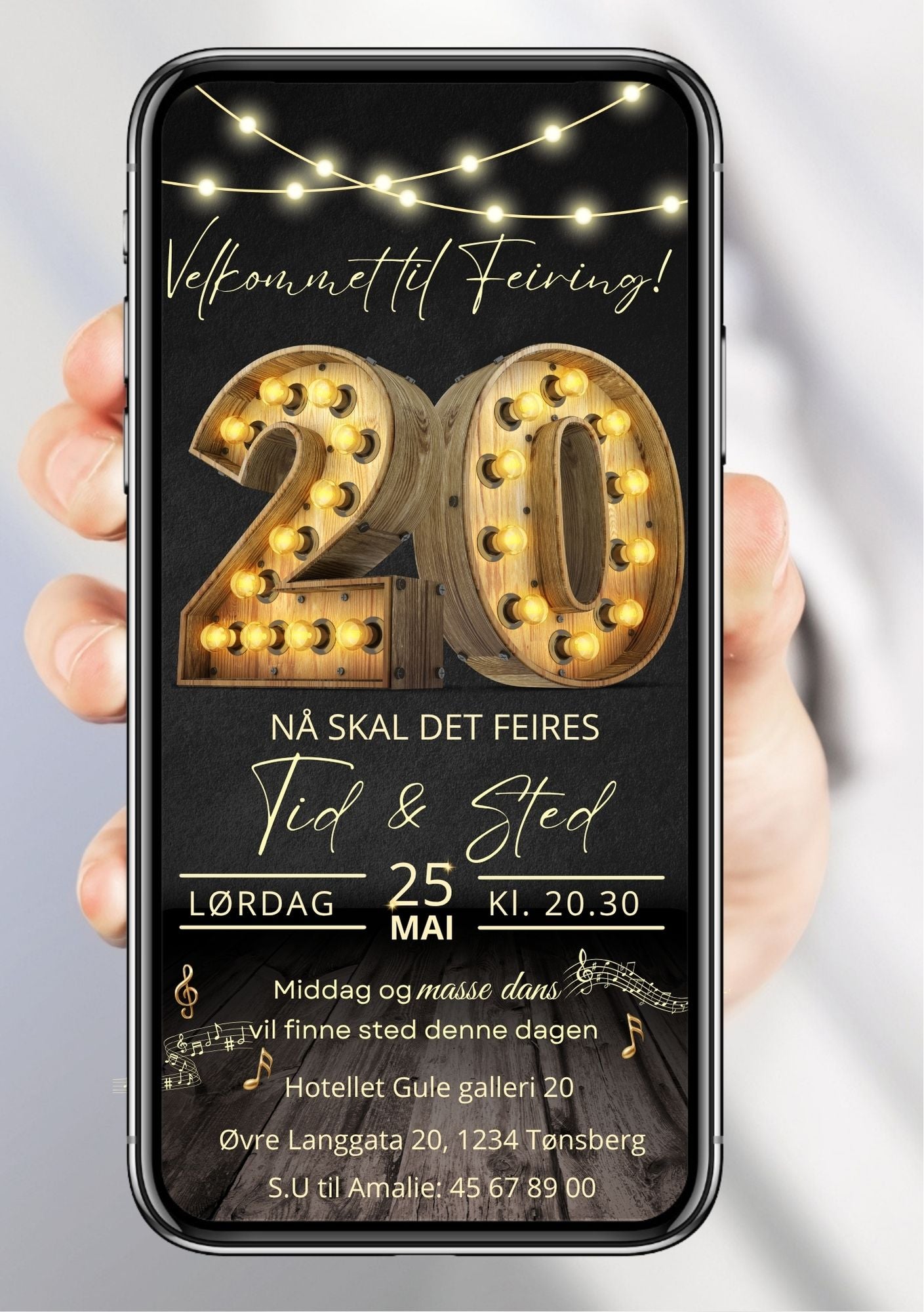Digital bursdagsinvitasjon med gull 20-tall og festlys, vist på mobilskjerm