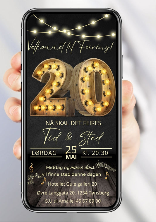 Digital bursdagsinvitasjon med gull 20-tall og festlys, vist på mobilskjerm