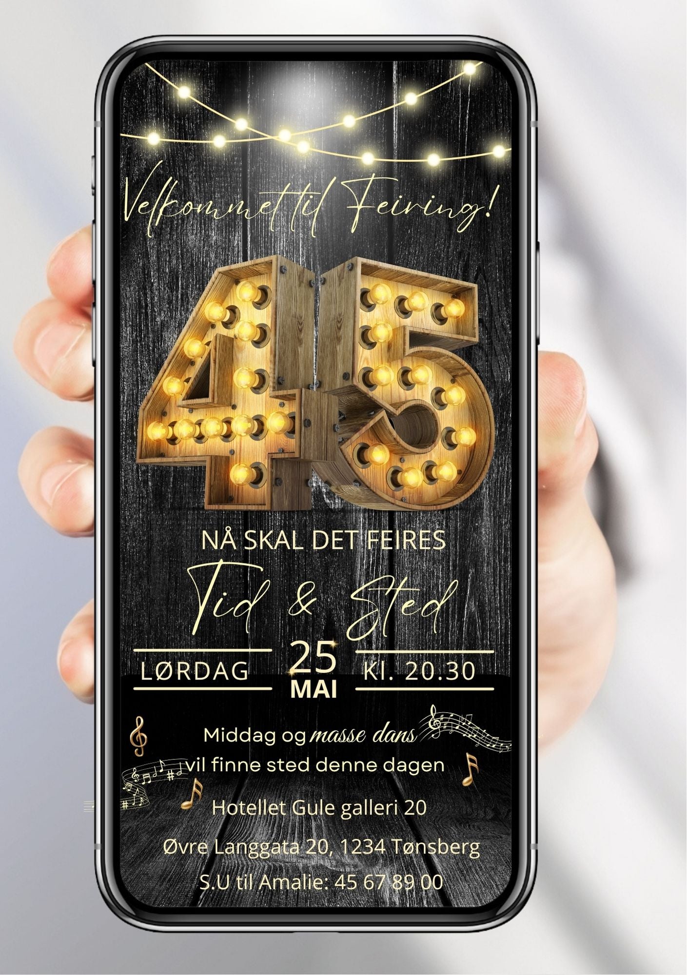 Digital bursdagsinvitasjon med gull 45-tall og festlys på sort bakgrunn, vist på mobilskjerm