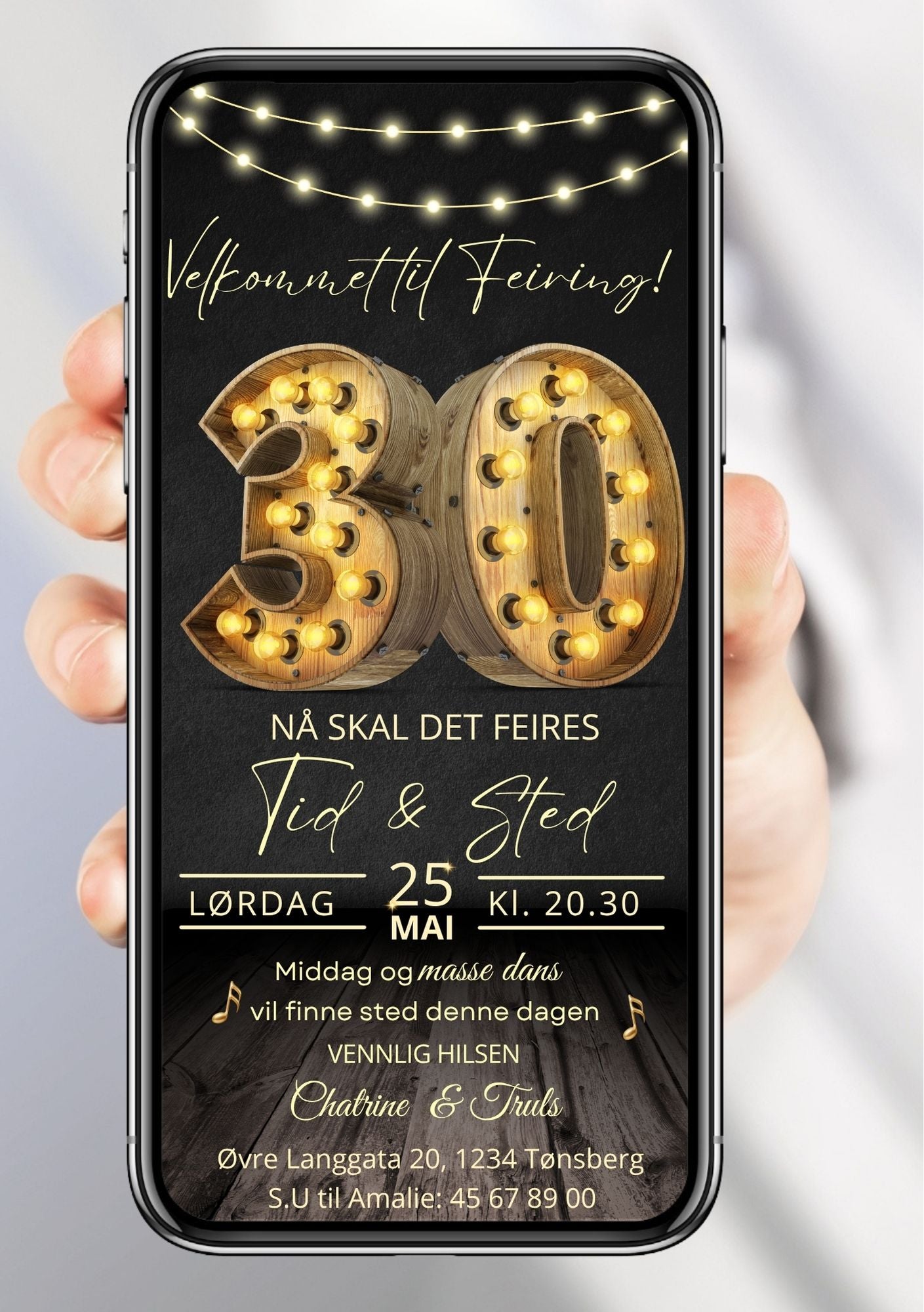 Digital bursdagsinvitasjon med gull 30-tall og festlys, vist på mobilskjerm
