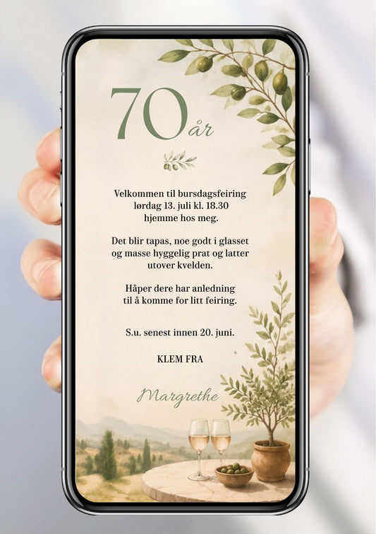 Digital bursdagsinvitasjon i beige med oliventre, champagneglass og toskansk landskap, vist på mobilskjerm