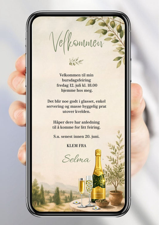 Digital bursdagsinvitasjon i beige med håndskrift-font, champagneflaske, oliventre og toskansk landskap, vist på mobilskjerm