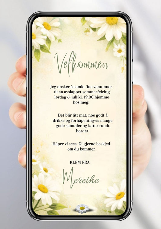 Digital bursdagsinvitasjon i lys gul med store hvite margeritter, håndskrift-font og personlig velkomsttekst, vist på mobilskjerm
