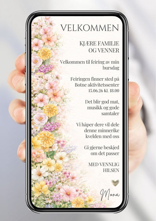 Digital bursdagsinvitasjon i hvit med stor blomsterkolonne i rosa, gul og lilla akvarell-stil og håndskrift-signatur, vist på mobilskjerm