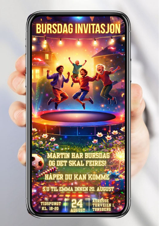 Bursdagsinvitasjon trampoline bursdag til mobil - ferdig tekst design