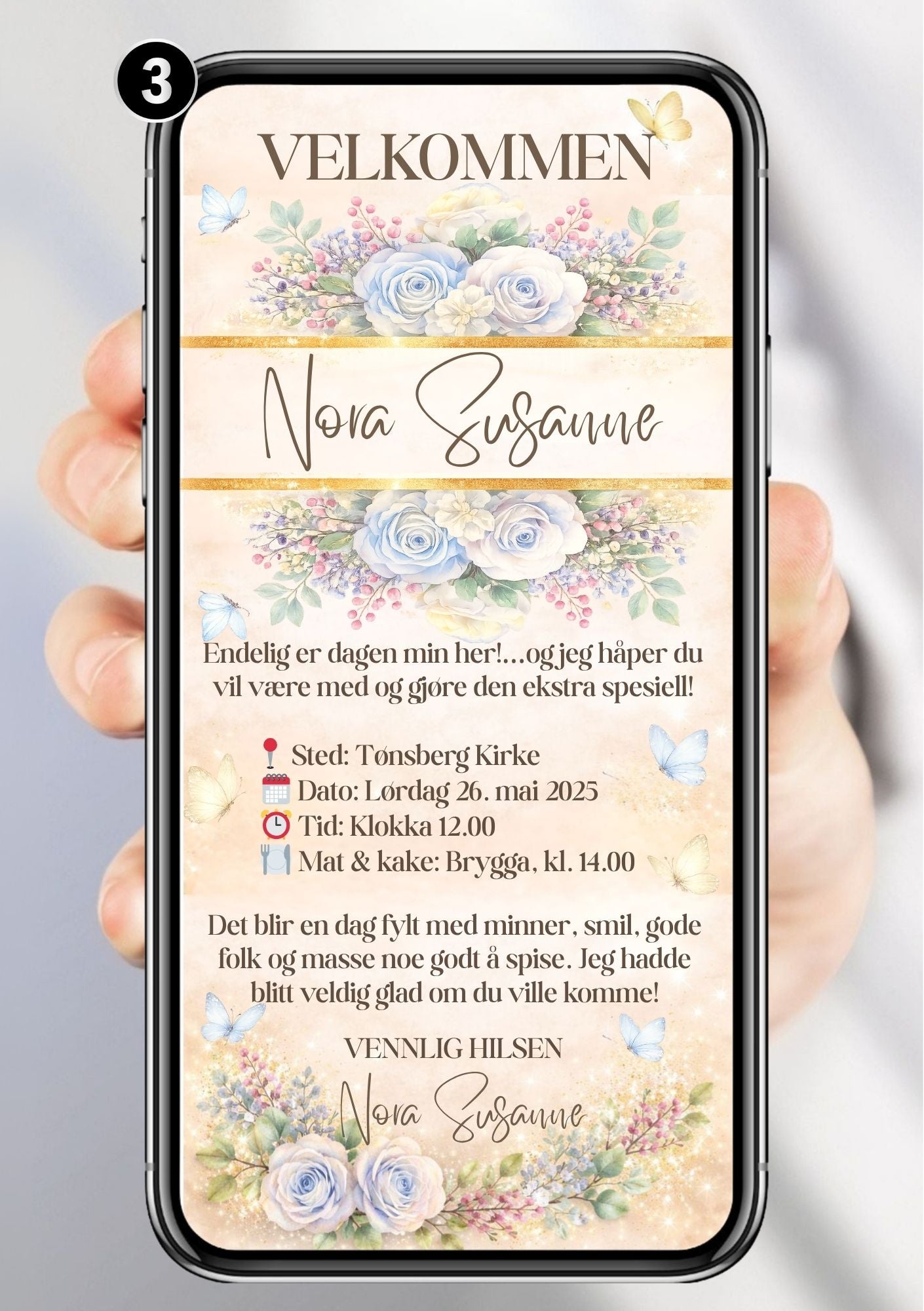 Digital konfirmasjonsinvitasjon med blå roser, beige bakgrunn og humoristisk festtekst – friskt design i 3 varianter klar til deling på mobil 