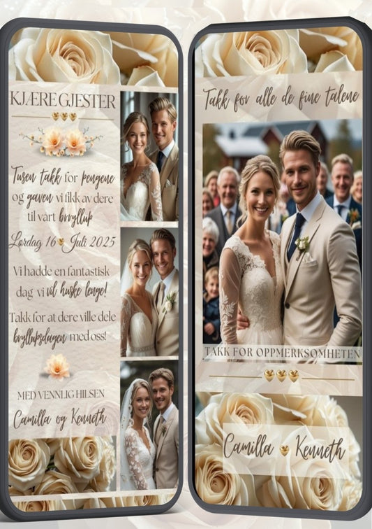 Takkekort bryllup beige 2 siders romantisk - personlig design med ferdig tekstforslag - KISS DEKOR